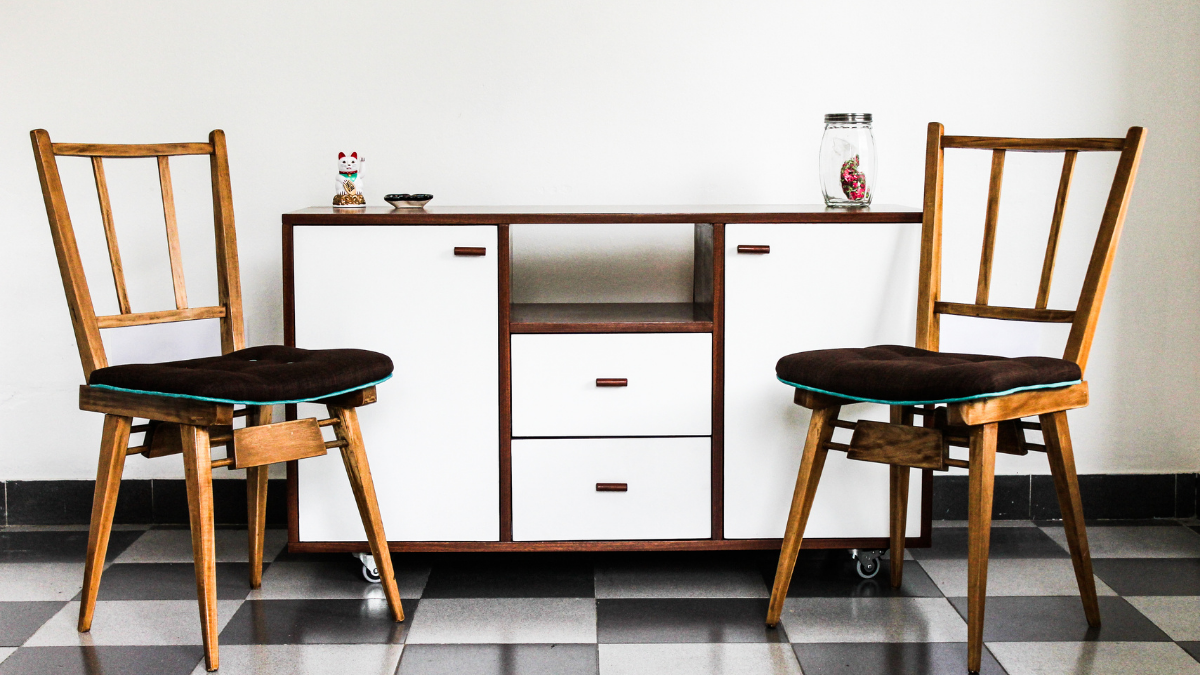 simple workspace kitchen area with midcentury furniture