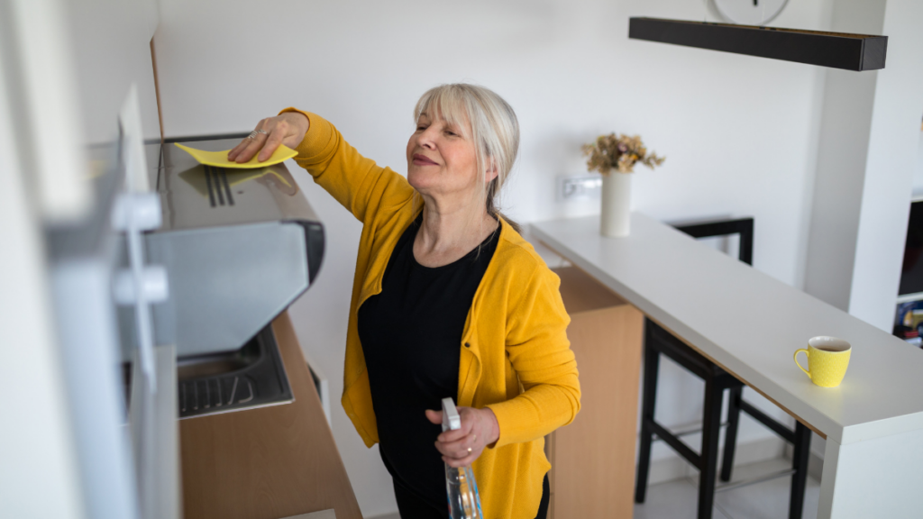 Woman cleaning the hood over her stove